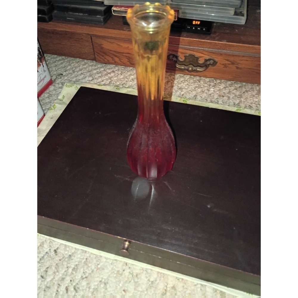 Vintage Jeanette Glass Amberina Ribbed Bud Vase 9"